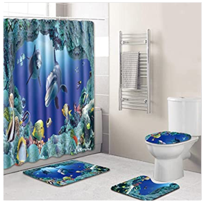 4 Piece Bath Mat Set Abstract Solid Color Bath Curtain Set Bath Mat Set + Rug, Toilet Seat Cover + Shower Curtain + 12 Hooks - Image 4