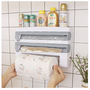 Wall Mounted 4 in 1 Sauce Bottle Storage Rack Plastic Film Cutter Multifunction Kitchen Organizer