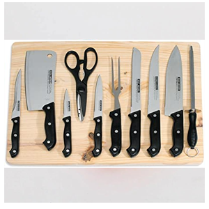 Cutting board with 8 kitchen knives, a chisel and a file