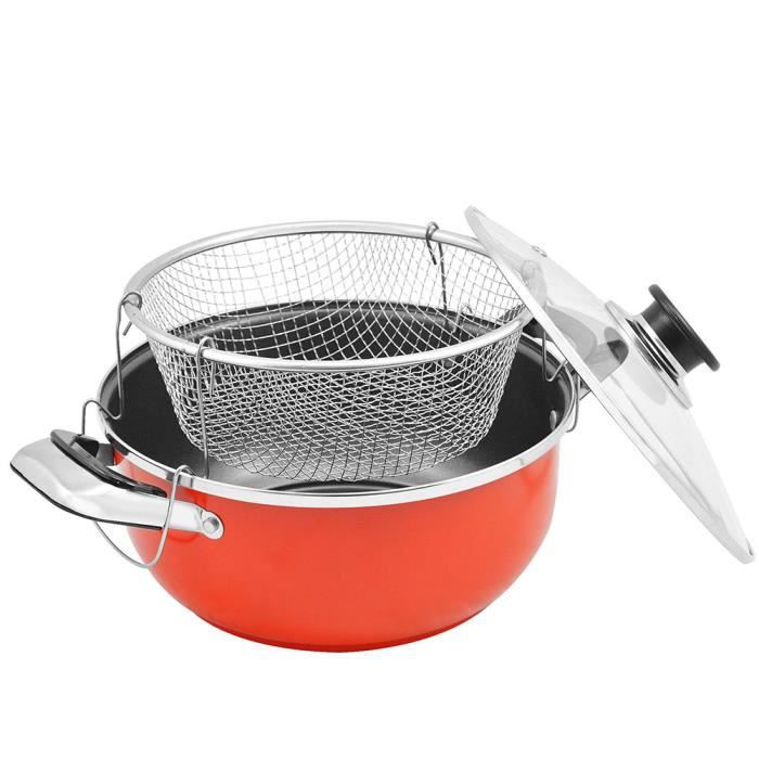 26cm Friteuse Antiadhésive Faitout Bol Ménage Casserole avec Panier + Couvercle en Verre