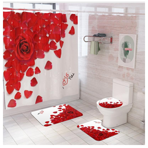 4 Piece Bath Mat Set Abstract Solid Color Bath Curtain Set Bath Mat Set + Rug, Toilet Seat Cover + Shower Curtain + 12 Hooks - Image 3