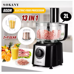 SOKANY 13 in 1 Home Food Processor Blender Chopper Juicer Dough Mixer 2 Speed & Pulse 800W