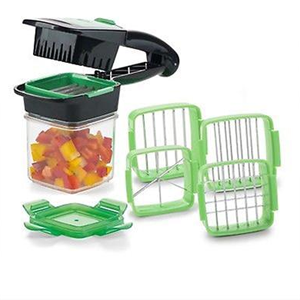This vegetable cutter is very useful for your kitchen chores. It lightens your work and gives you ease. This vegetable cutter has a very sharp blade that cuts everything from carrots, tomatoes, spices, onions, potatoes etc. It is light green and black top with 4 different blades to cut your vegetables.
