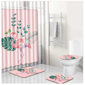 4 Piece Bath Mat Set Abstract Solid Color Bath Curtain Set Bath Mat Set + Rug, Toilet Seat Cover + Shower Curtain + 12 Hooks - Image 2