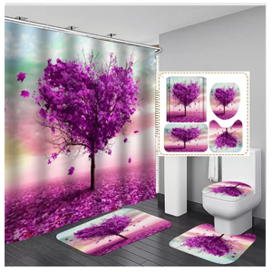 4 Piece Bath Mat Set Abstract Solid Color Bath Curtain Set Bath Mat Set + Rug, Toilet Seat Cover + Shower Curtain + 12 Hooks