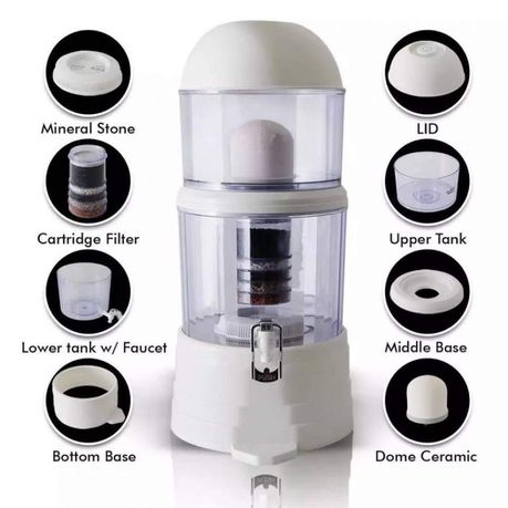Filters your water and makes it more clean. Has a good mineral stone and a cartridge filter. Every bit of dirt is being filtered and water comes out clean.It has a lower tank and a lower base. There is an upper tank and a middle base and demo ceramic for effective drainage.