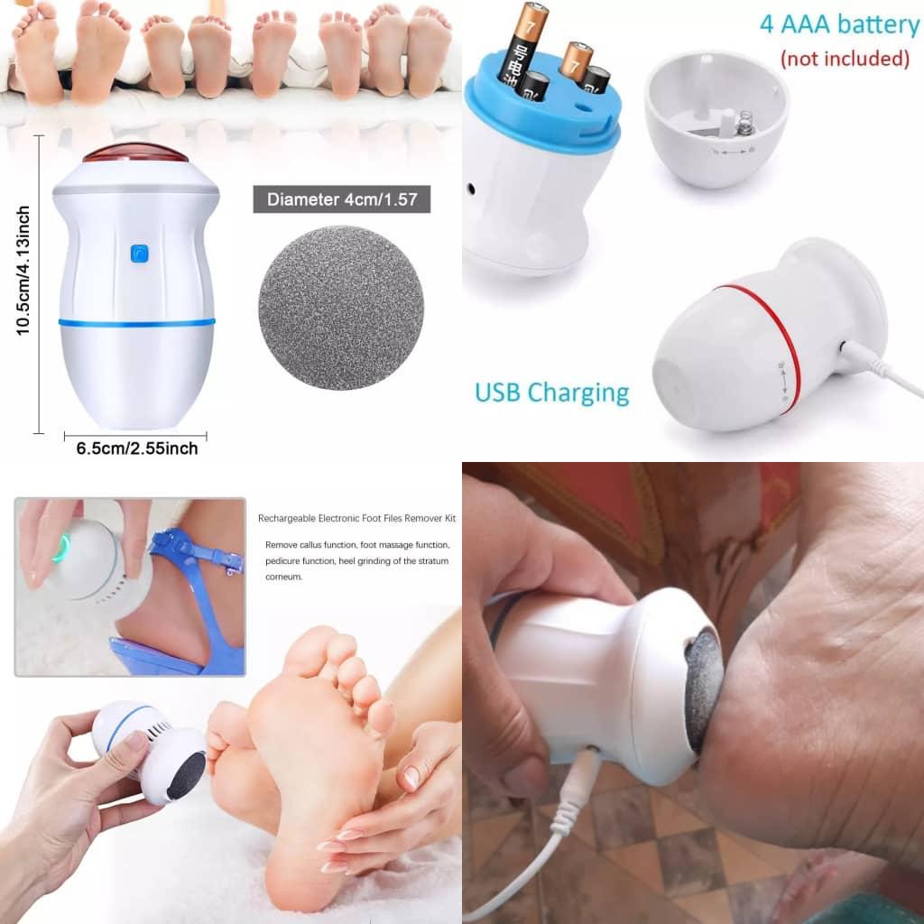 Remove callus function. It can also be use to massage the foot. Pedicure function and heel grinding of the stratum.  Measurements; Height: 10.5 cm/ .13 inches Length: 6.5 cm/ 2.55 inches Diameter: cm / 1.57
