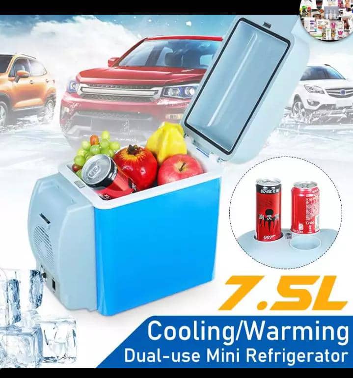 Dual use mini refrigerator for cars and office. This refrigerator is good for those who loves traveling. You can use it in your car and it cools very well. It has a blue color and its adaptable to any car. It is cool and warming at the same time. You can use to cool drinks and also to warm them. It has 7.5 Liter capacity. 