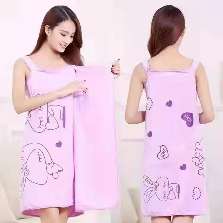 This towel has a dress shape. You can put it on as a dress. It is an amazing product that comes in multiple colors. It has some drawings and also love symbols on it. It is a very good product and it cleans very well, 