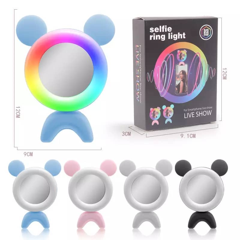 This is a mini ring-light anyone can use. It comes with multiple colors and can shines the face very well. This product is good for those who are doing YouTube videos  and Facebook lives. It works and clears well especially at night times. Very perfect ring light and less expensive.