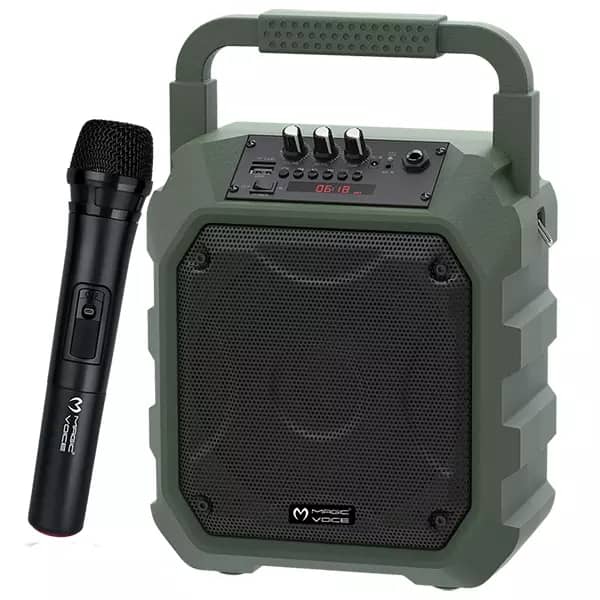 This is an outdoor speaker and microphone. Can be used for celebrations, theater. It is wireless and it has a good sound system. It is a transmission function speaker and it is an audio speaker also.