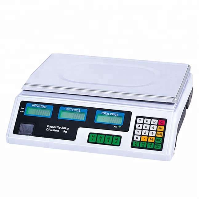 This is an ABS Plastic and stainless steel scale. This scale has a capacity of 5kg-60kg. Is function is to count and weigh.items. Has a size of 33*33*2.5cm.