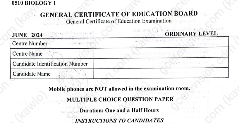 GCE ORDINARY LEVEL BIOLOGY 2024