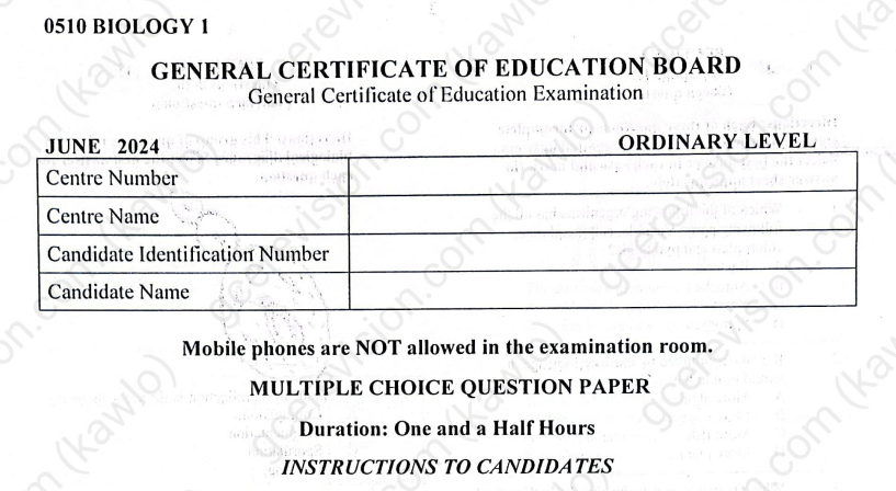 GCE ORDINARY LEVEL BIOLOGY 2024